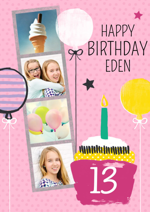 Bright Pink Balloons And Cupcake Happy Birthday Photo Card
