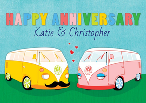 Pair Of Vw Camper Vans Personalised Happy Anniversary Card