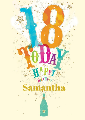 Colourful Letters Popping Bottle Personalised Happy 18th Birthday Card