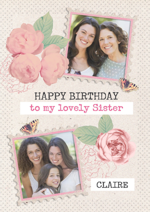 Roses And Butterflies Personalised Photo Upload Happy Birthday Card For Sister