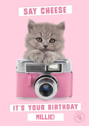 Little kitten holding vintage camera - Personalised Birthday Card
