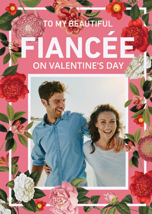 Bright Coral & Floral Border To My Fiancee Valentine's Day Photo Card