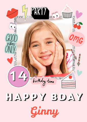Good Vibes Only OMG Party Stickers Photo Upload Birthday Card