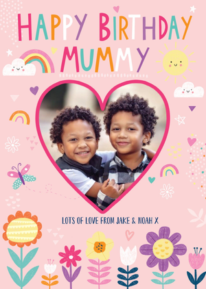 Happy Birthday Mummy Moon Flowers Rainbows Sunshine Butterflies Photo Upload Birthday Card