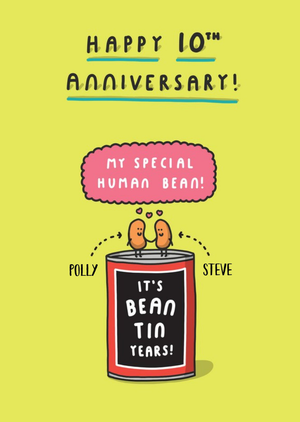 Humorous cartoon Happy 10th Anniversary card - tin anniversary - baked beans