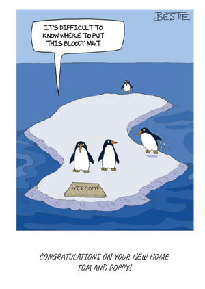 Penguins Difficulties Funny Personalised New Home Card