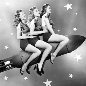 Moonpig Designers Vintage Three Ladies Riding A Rocket Card