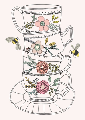 Pretty Flowers And Bees Illustrated Tea Cups Postcard