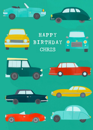 Illustrated Cars Happy Birthday Card
