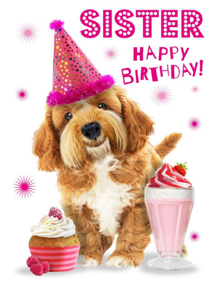 Cute Dog With Cupcake Sister Birthday Card