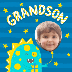 Moonpig Bright Illustrated Dinosaur Holding A Balloon Photo Upload Grandson Birthday Card