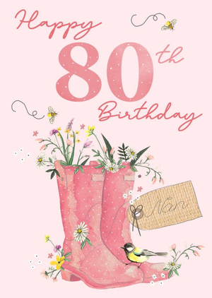 Okey Dokey Illustrated Wellington Boots Flowers Bumble Bees Nan 80th Birthday Card