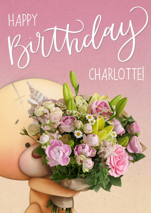 Teddy Bear And Bunches Of Flowers Personalised Happy Birthday Card