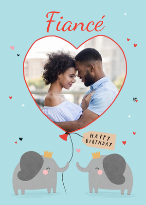 Two Elephants With A Heart Shaped Balloon Illustration Personalise Photo Upload Fiance Birthday Card