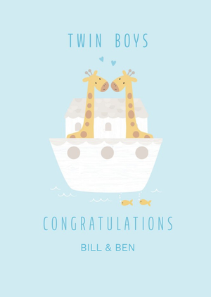 Cute Illustrative Giraffe Ship Twin Boy Card