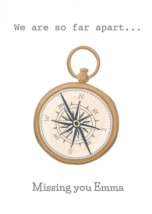 Brass Pocket Compass Illustration Missing You Personalise Name Card
