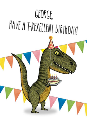 Illustration of T Rex Dinosaur Holding A Birthday Cake. Have T Rexellent Birthday Card