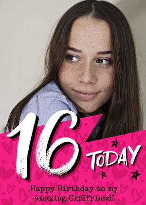 Pink Typographic Photo Upload Girlfriend 16th Birthday Card