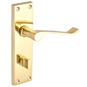 Polished Brass Victorian Long Backplate Scroll Lever Bathroom Thumb Lock Door Handle - Solid Brass - Pair - Designer Levers