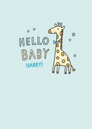 Illustrated Giraffe Surrounded By Stars. Hello Baby, New Baby Boy Card