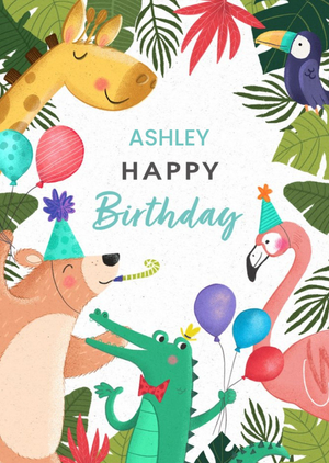 Floral Framed Animals Celebrating A Birthday Personalised Name Card