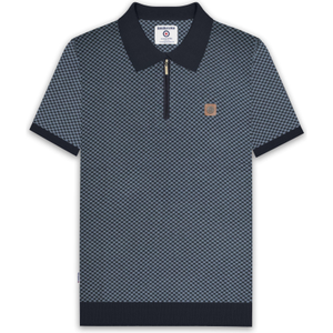 Lambretta Mens 1/4 Zip Check Knitted Short Sleeve Polo Shirt - M / Navy