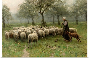 Shepherdess with a Flock of Sheep, c. 1870-88, Dutch painting, oil on canvas