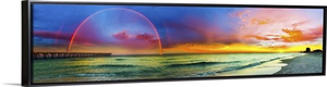 Wide Panorama Of Double Rainbow Sunset Over Beach
