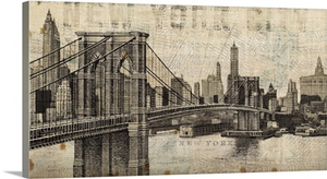 Vintage NY Brooklyn Bridge Skyline