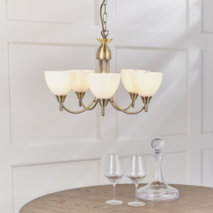 1805-5AN Alton 5 Light Pendant Antique Brass Plate & Matt Opal Glass