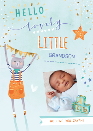 Cute Illustration Of A Bear Holding A Bunting Baby Boy Grandson Photo Upload Card