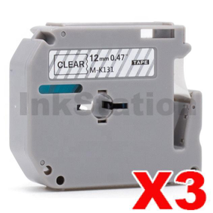 3 x Compatible Brother M-K131 12mm Black Text on Clear Tape - 8 meters