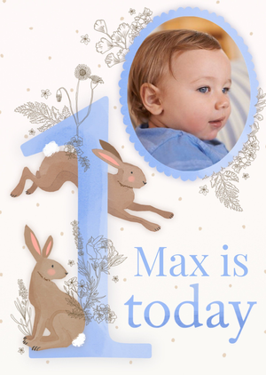 Illustrated Blue Photo Upload Floral Rabbit 1st Birthday Card