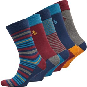 Original Penguin Mens Five Pack Stripe Socks Navy/Burgundy/Blue Multi