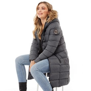 Brave Soul Womens Wizard Long Padded Coat With Faux Fur Trim Hood Grey