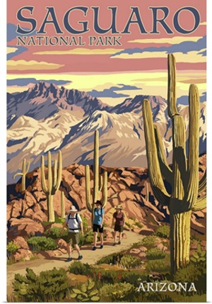 Saguaro National Park, Arizona - Hiking Scene: Retro Travel Poster