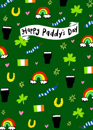 Spot Art Pattern With Shamrocks Irish Flags Rainbows Horseshoes And Guiness Happy Paddys Day Card