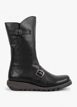 Mes Black Pebbled Leather Low Wedge Calf Boots