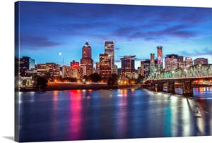 Portland, OR Skyline at Sunset with Crescent Moon