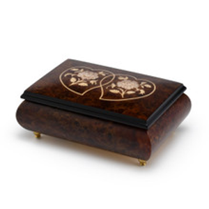 Harmonious Wood Tone 18 Note Double Heart & White Roses Musical Jewelry Box