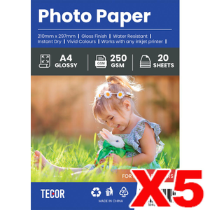 5 x Glossy Cast Coated Photo Paper 250GSM A4 Size for Inkjet Printers - 20 sheets per pack (100 sheets in total)