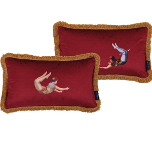 Trapeze Girl & Boy Set Of Two Velvet Cushions Deep Berry Red Oblong