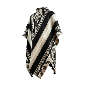 Tuna - Llama Wool Unisex South American Handwoven Thick Hooded Poncho - Andean pattern - natural colours