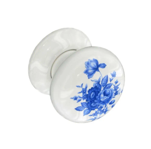 White Ceramic Door Knob - Blue Flower Design - Pair - Designer Levers