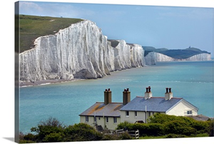 Seven Sisters Chalk Cliffs And Coastguard Cottages, Cuckmere Haven, England