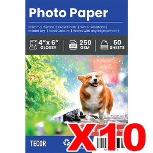 10 x Glossy Cast Coated Photo Paper 250GSM 4 x 6 inches for Inkjet Printers - 50 sheets per pack (500 sheets in total)