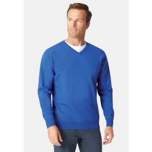 Dorset Electric Blue Cotton Merino V-Neck Jumper