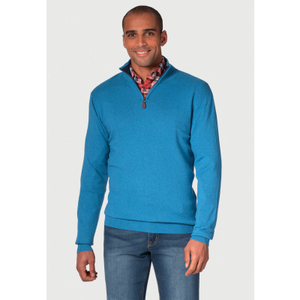 Sussex Sea Blue Cotton Merino Zip Neck Jumper