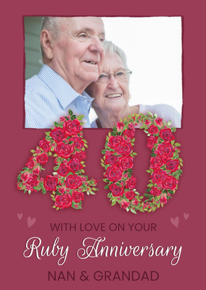 Floral Number Forty Arrangement With Photo Frame Ruby Anniversary Photo Upload Card