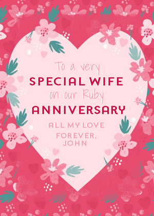 Heart Shaped Frame Surrounded By Flowers On A Pink Background Anniversary Card